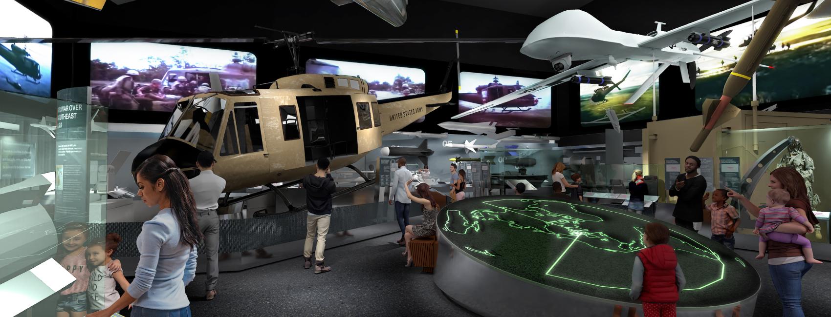 A rendering of a museum gallery that features modern military aviation technology such as drones and helicopters.