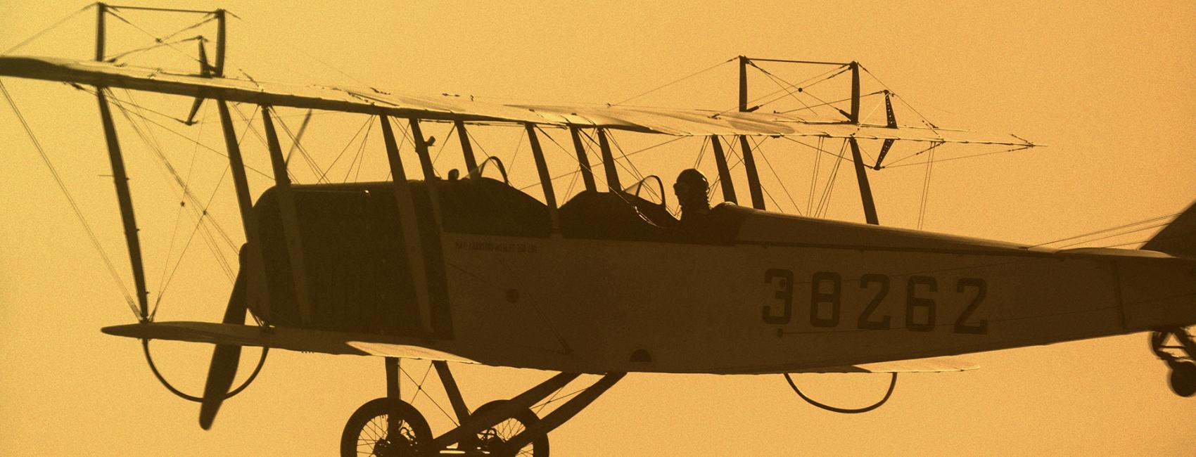 Profile of a biplane in flight.