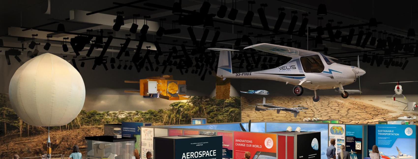 A rendering of a museum gallery with a small aircraft suspended from the ceiling visible in the foreground and a weather balloon in the background, with interpretive panels throughout the space.