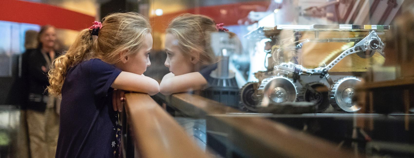 Child looking through glass case