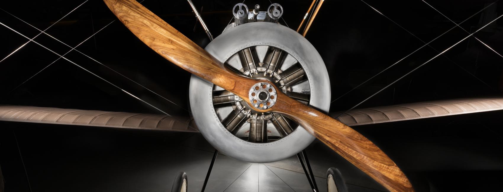 Frontal view of wooden, single-blade propeller on Sopwith F.1 Camel aircraft