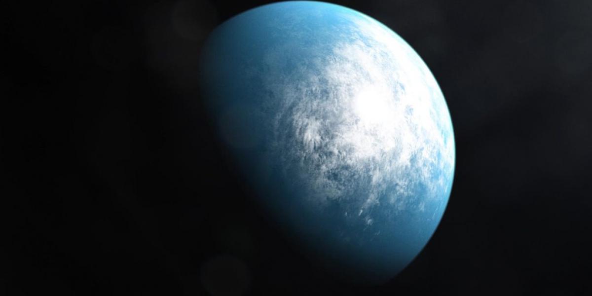Rendering of blue, cloudy planet