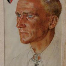 Painted portrait of Günter Rall, a white Luftwaffe pilot during World War II.