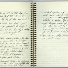 Two side-by-side pages of a notebook Sally Ride used to take notes during meetings following the Space Shuttle Challenger incident.