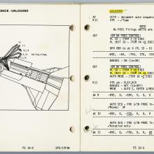 Set of two pages of a space manual owned by Sally Ride. The pages feature a drawing of the Space Shuttle Discovery with an arm-shaped device on board, with the other page featuring checklist items and handwritten notes from Sally Ride.