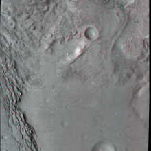 Anaglyph (3D image) of fractured crater fill in Mars’ northwestern Arabia Terra, grey rough surface.