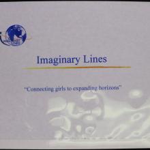 Page from slideshow. Upper left hand corner, logo with cursive letter I to the left of a blue globe with gold equator text "maginary lines" inside globe. Centered blue text "imaginary lines"