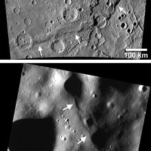 Two perspectives of the surface of Mercury show that tectonic landforms called lobate scarps (rising of land) are visible in large and small forms on the planet.