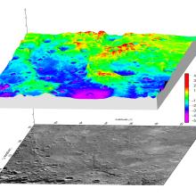 A three-dimensional model showing the elevations of a section of Mercury is shown above a satellite view of the same area of Mercury.