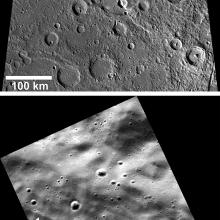 Two perspectives of fault scarps, or lines carved into the crust, on Mercury that are much larger than normal sized scarps on the planet. White arrows point out the scarps in both perspectives.