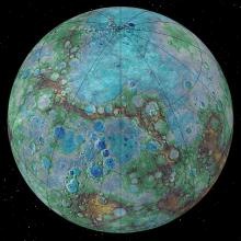 Semisphere of Mercury with topography details using multiple colors to detail altitude highs and lows.