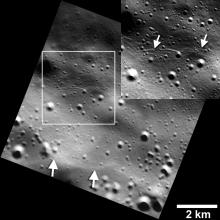 Two views of a section of Mercury featuring small linear troughs, also known as sudden decreases in altitude, that are visible on the surface.