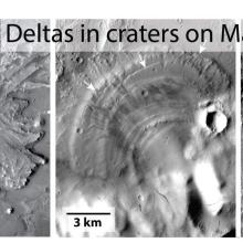 Three craters on Mars, shown in black and white.