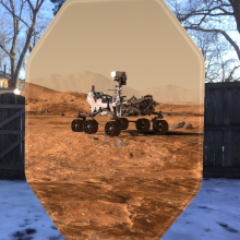 Mars Rover super imposed over a backyard scene.