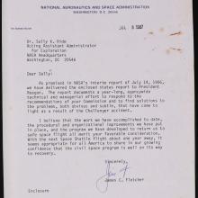 A typerwritten letter to Sally Ride on NASA letterhead. The letter is dated July 8, 1987.