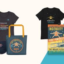 A promotional image featuring mugs, hats, tees, and totes with Ingenuity design on it. 