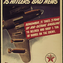 World War II poster that reads "The gas you don't use is Hitler's bad news"