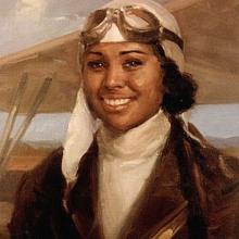 A portrait painting of Bessie Coleman standing in front of an airplane