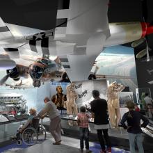 A rendering of an exhibition featuring information about the Tuskegee Airmen.