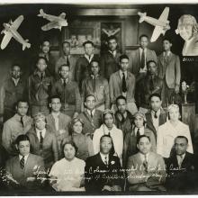 A black and white photo of men and women Black members of the Chicago Challenger Air Pilots' Club. Super imposed over the image are pictures of planes.