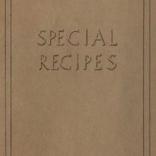 Cover Page, brown paper with two punched holes centered along the upper part of the page. Text in first two rows: "Headquarters District 'H' CCC / Fort Benning GA." Centered text in outline font "Special Recipes." Smaller text in lower right corner, "September 1, 1936" 