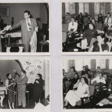 Four black and white photographs in a sleeve. Upper left: woman in party dress holds scarf standing next to man in a suit. Upper right: group of women sit in chairs. Lower right: Group of women sit in chairs. Lower left: woman in white dress on left holds string with woman in dark dress on right. In the middle is a woman in a dark dress with light polka dots holding a fan while a man in a suit holds his hands over her head