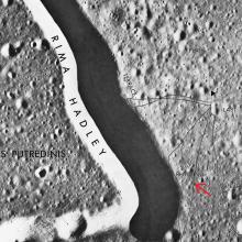 A illustration of a map showing Apollo 15 landing site with rover traverses.