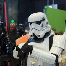 Costumed people dressed as Stormtroopers,  Darth Vader, and Darth Maul stand at our Air and Scare event in the Steven F. Udvar-Hazy Center.