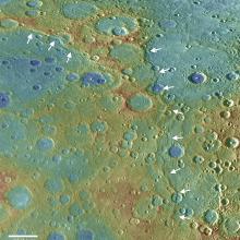 Prominent linear cluster of fault scarps on Mercury.