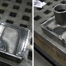 [Left]Cast and plated dies. [Right] Punches sitting inside their cast dies.