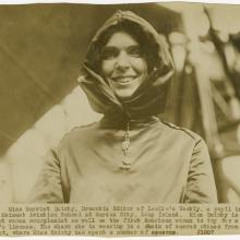 A potrait of Harriet Quimby accompanied by text that reads "Miss Harriet Quimby, Dramatic Editor of Leslie's Weekly, a pupil in the Moisant Aviation School at Garden City, Long Island. Miss Quimby the first woman monoplanist as well as the first American woman to try for a pilot's license...."