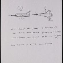 Page of handwritten notes.  Two drawings at the top of the page.  Left drawing: left side view of the Space Shuttle.  Right drawing: overhead view of the Space Shuttle.