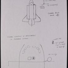 Page of handwritten notes.  At top of page is an overhead drawing of the Space Shuttle with the doors open.  At the bottom is an overhead drawing of the nose of the Space Shuttle.