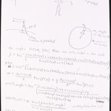 Page of handwritten notes with four drawings at top of page. Upper left: north axis with Space Shuttle angled to right. Upper right: north axis with Space shuttle straight along axis. Bottom left: space shuttle orbits over a line representing earth. Bottom right: space shuttle angles over a circle representing earth.  Bottom of page is mathematical equations.