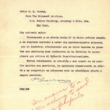 typewritten letter.  letterhead in upper left hand order reads: "Correspondencia Particular del Primer Jefe Del Ejercito Constitutionalista." Signed at mid-bottom. Note in red pencil in bottom center: "In answer to a letter asking to send more pupils."