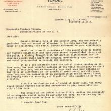 Typewritten letter on letterhead.  Text in black and red in columns on both the right and left side.  Centered text "The Moisant Aviation School"  Signed at both with handwritten note "copy"