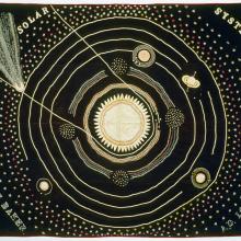 A wool quilt artwork that depicts the solar system.