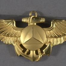 National Oceanic and Atmospheric Administration (NOAA) pilot's badge; one piece stamped gold wings with anchor and NOAA insignia (equilateral triangle on center disc) depicted in center of badge; clutch pin back.