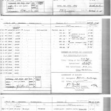 A flight logbook spanning three pages with handwritten details.