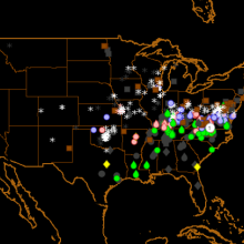 A map of the United States with different colored weather icons across most regions of the country.