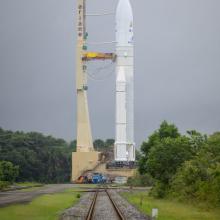 James Webb Space Telescope and its launch vehicle, Ariane 5 rocket, at the launch pad in French Guiana