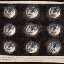 A batik showing nine Earths (full circles) against a dark background.