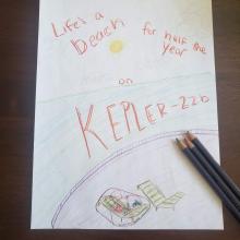 A hand drawn travel poster reading "Life's a beach for half the year on Kepler-22b"