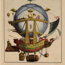 A color illustration of a ship attached balloon carrying thins such as a birdcage, kegs, a cannon, and a rooster perched on top of the balloon.