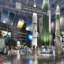 A rendered image of a museum's gallery that contains space related objects.