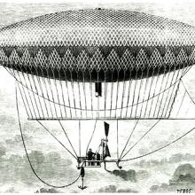 A black and white woodcut illustration of an airship in the sky.