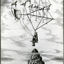 Illustration of a man sitting in a flying contraption that is carried by birds. He floats above the ocean and a large rock.