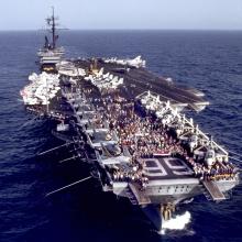 The USS America aircraft carrier at sea.