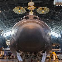 Space Shuttle Discovery is captured from the perpective of its nose.