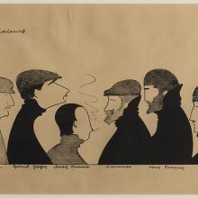 Caricature drawing of 13 people from the shoulders up. Six people on the left half all face toward the center, and seven people on the right half also face toward the center. Most wear caps and large overcoats.